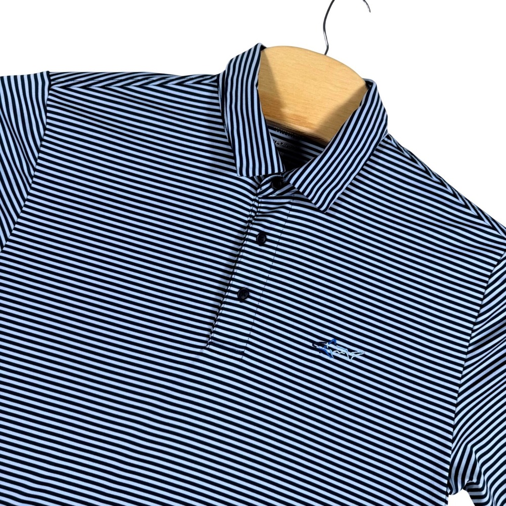 Greg Norman Attack Life Polo Shirt Mens Medium Blue Striped PlayDry Short Sleeve